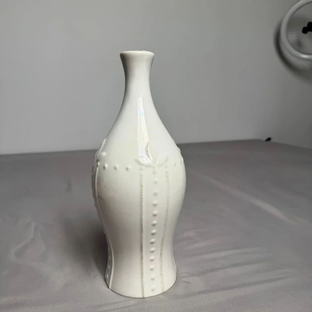White Ceramic Bud Vase Embossed Floral Dotted Detail Iridescent Gloss 11.5 inch